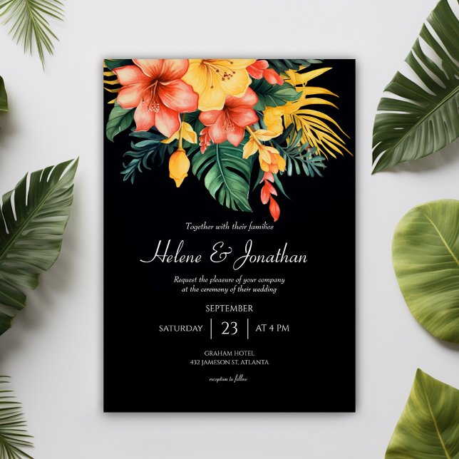 Invitation Aquarelle noire Floral Mariage tropical (Black Watercolor Floral Tropical Wedding Invitation)