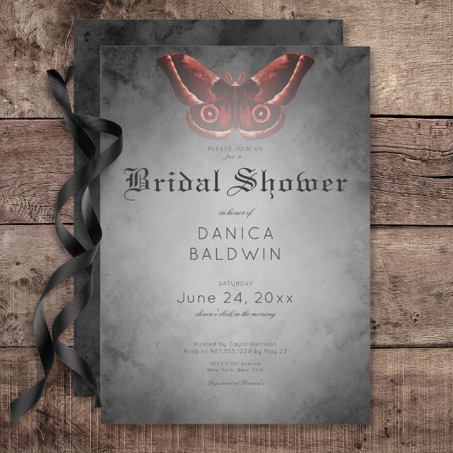 Invitation Aquarelle noire gothique Fête des mariées Moth rou (Gothic Black Watercolor Red Moth Bridal Shower Invitation)