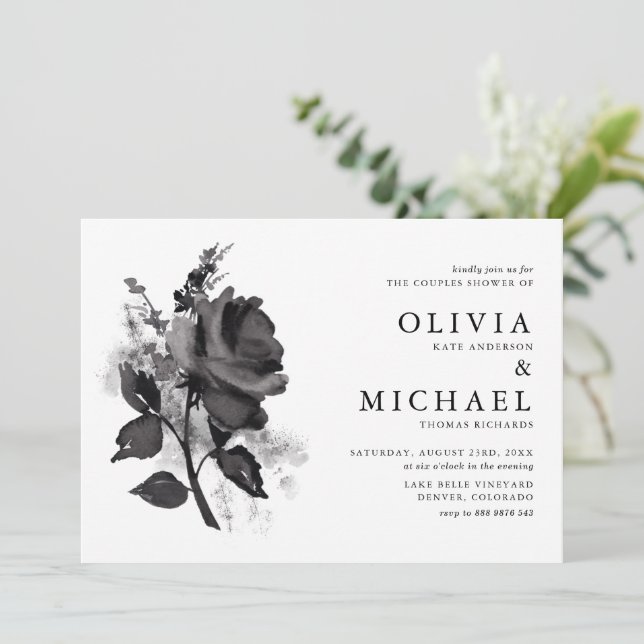 Invitation Aquarelle noire moderne Rose Couples Douche (Debout devant)