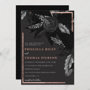 Invitation Aquarelle noire rose or mariage floral