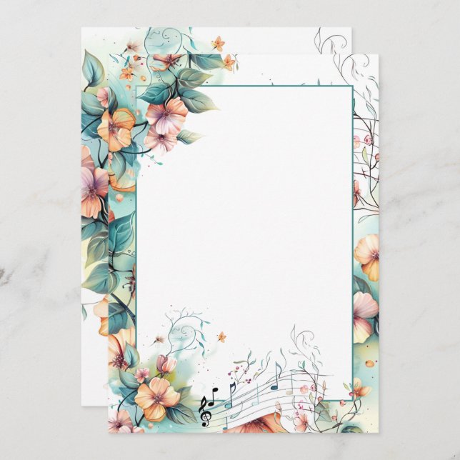 Invitation Aquarelle notes musicales et fleurs (Devant / Derrière)