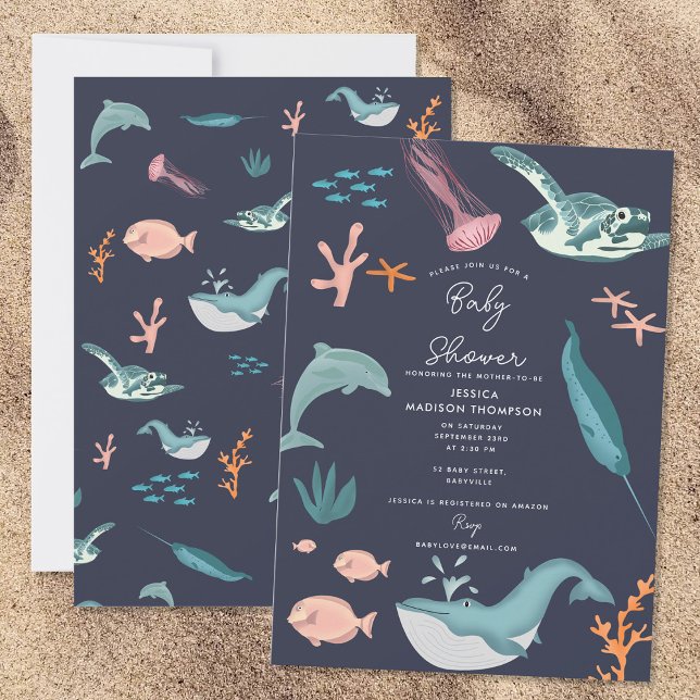 Invitation Aquarelle Océan Animaux de mer Baby shower bleu (Watercolor Ocean Sea Animals Blue Baby Shower Invitation)