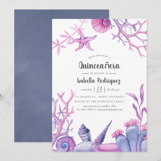 Invitation Aquarelle Ocean Life Quinceañera (Devant / Derrière)