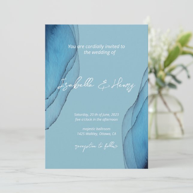 Invitation Aquarelle ocen bleu aquamarine Mariage (Debout devant)