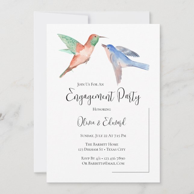 Invitation Aquarelle Oiseaux Couple Jolie Partie d'engagement (Devant)
