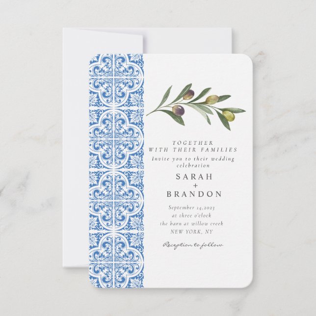 Invitation Aquarelle Olive Bleu carrelage méditerranéen Maria (Devant)