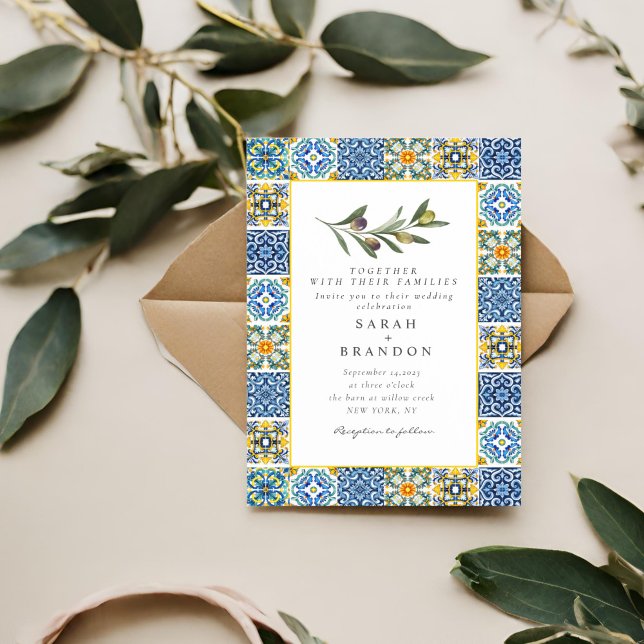 Invitation Aquarelle Olive Bleu tuiles méditerranéennes Maria (Créateur téléchargé)