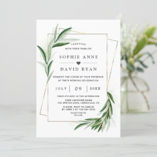 Invitation Aquarelle Olive Feuille Gold Frame Mariage Invitat