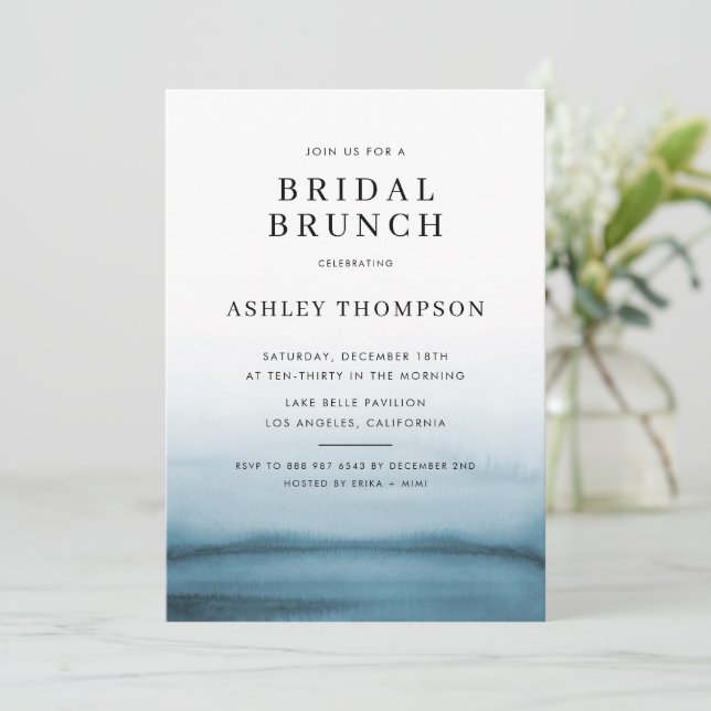 Invitation Aquarelle Ombre Marine Bleu Moderne Bridal Brunch (Debout devant)