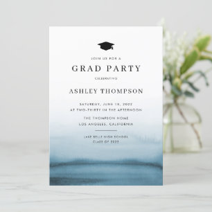 Invitation Aquarelle Ombre Marine Blue Modern Graduation Part