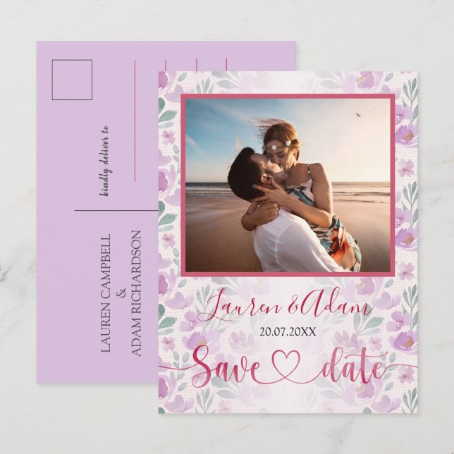 Invitation aquarelle ombrée florale rose et violet (Devant / Derrière)