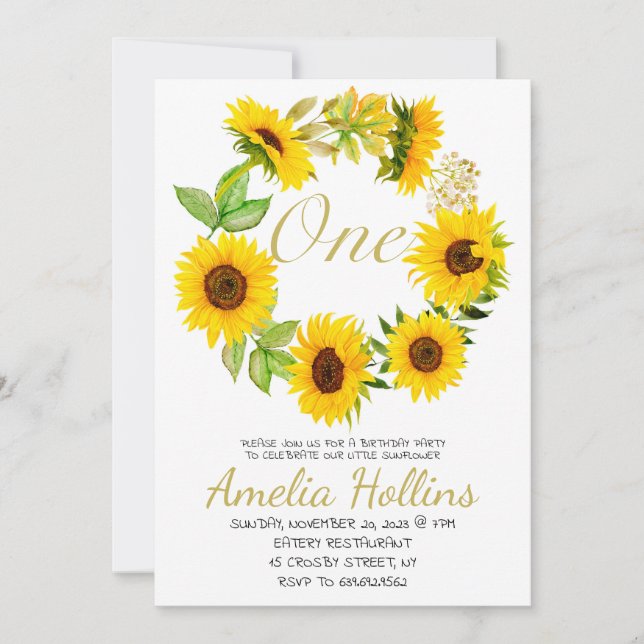 Invitation Aquarelle ONE tournesol Floral fête d'anniversaire (Devant)