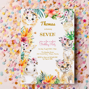 Invitation Aquarelle or anniversaire de enfant safari sauvage