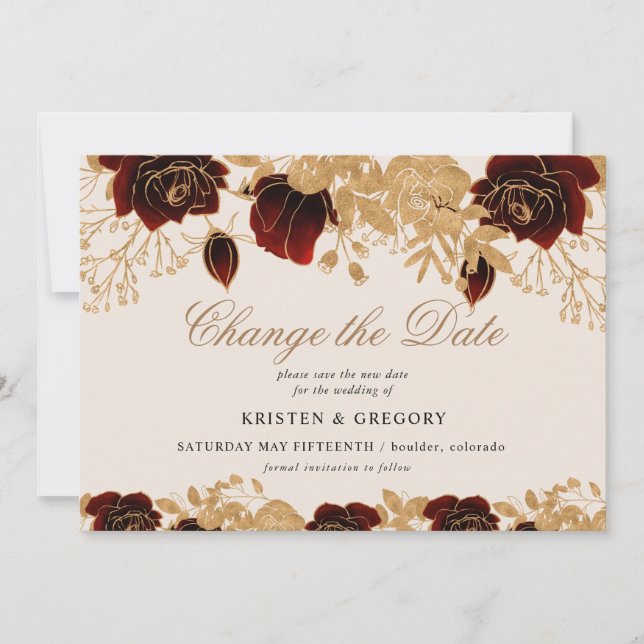 Invitation Aquarelle Or Bourgogne Roses Modifier La Date (Devant)
