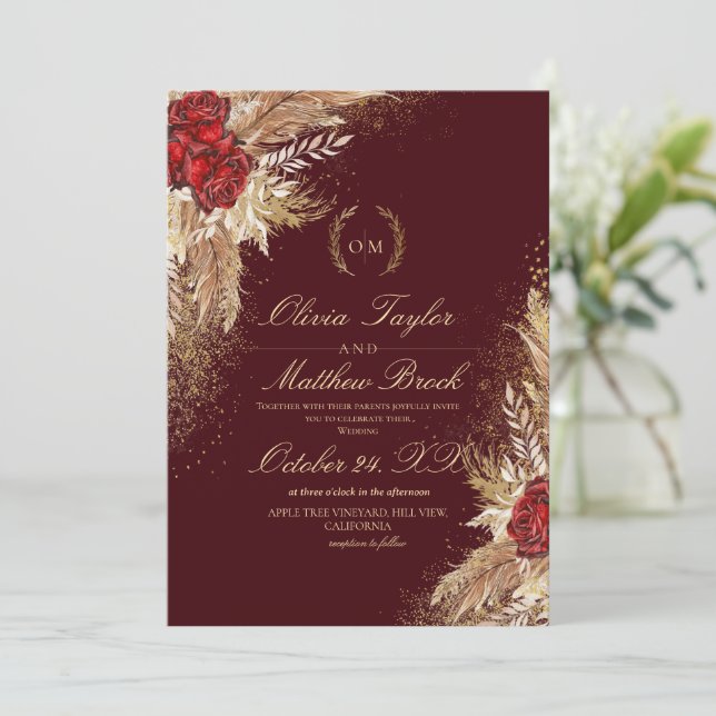 Invitation Aquarelle or et Bourgogne Mariage de fleurs élégan (Debout devant)