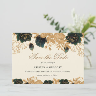 Invitation Aquarelle Or Et Roses Vert Enregistrer La Date