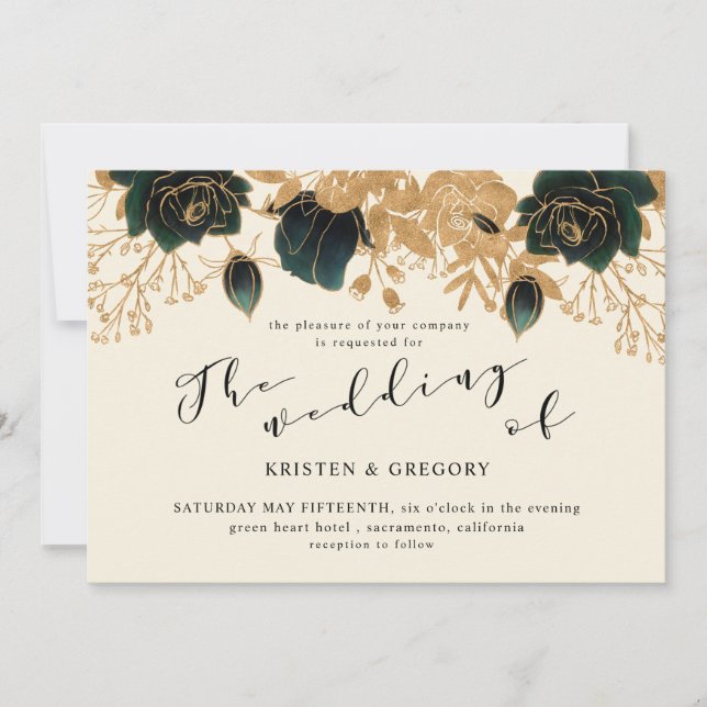 Invitation Aquarelle or et vert Rose Mariage (Devant)