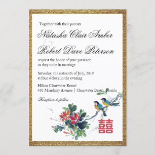 Invitation Aquarelle or Floral Bird chinois Xi Mariage