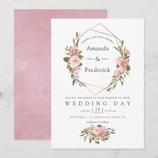 Invitation Aquarelle or Géométrique Blush rose Roses Mariage (Devant / Derrière)