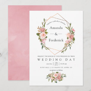 Invitation Aquarelle or Géométrique Blush rose Roses Mariage