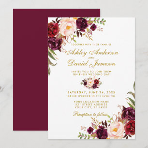 Invitation Aquarelle or mariage Bourgogne Floral