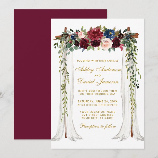 Invitation Aquarelle or mariage Canopy Arche florale (Devant / Derrière)