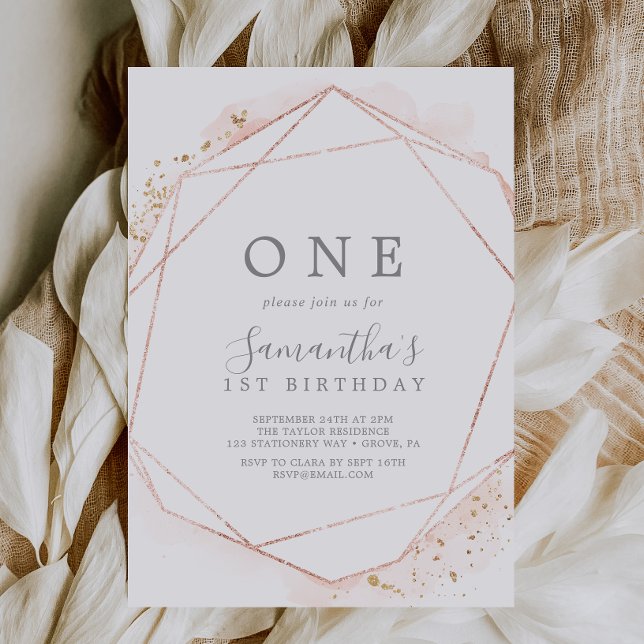 Invitation Aquarelle or rose Géométrique 1er anniversaire (Créateur téléchargé)