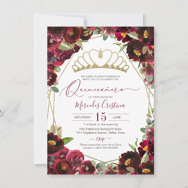 Invitation Aquarelle or rouge Bourgogne Floral Quinceañera In (Devant)