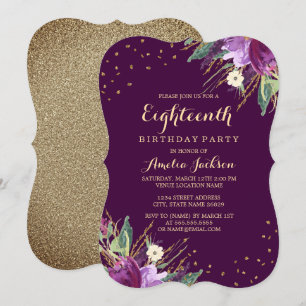 Invitation Aquarelle or violet Fleur 18e anniversaire