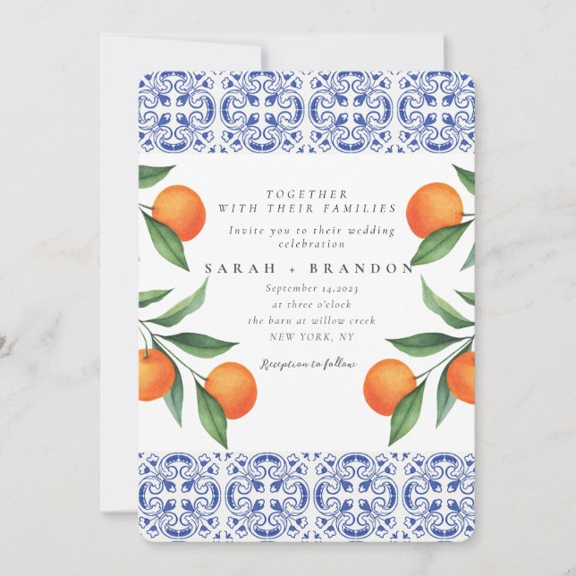 Invitation Aquarelle Orange Bleu Mariage méditerranéen (Devant)