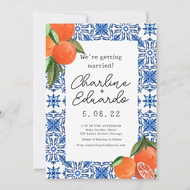 Invitation Aquarelle Orange Bleu Mariage méditerranéen (Devant)