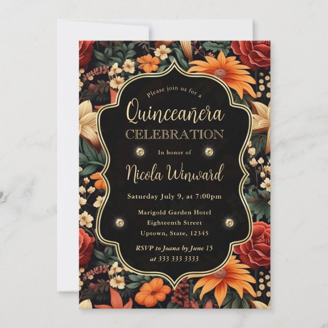 Invitation Aquarelle Orange Brown Feuilles Quinceanera (Devant)