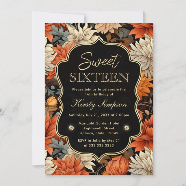 Invitation Aquarelle Orange Brown Feuilles Sweet sixteen (Devant)