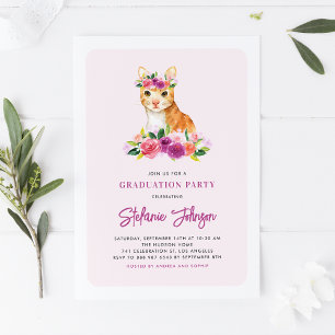Invitation Aquarelle Orange Chat Fleurs pourpres Graduation