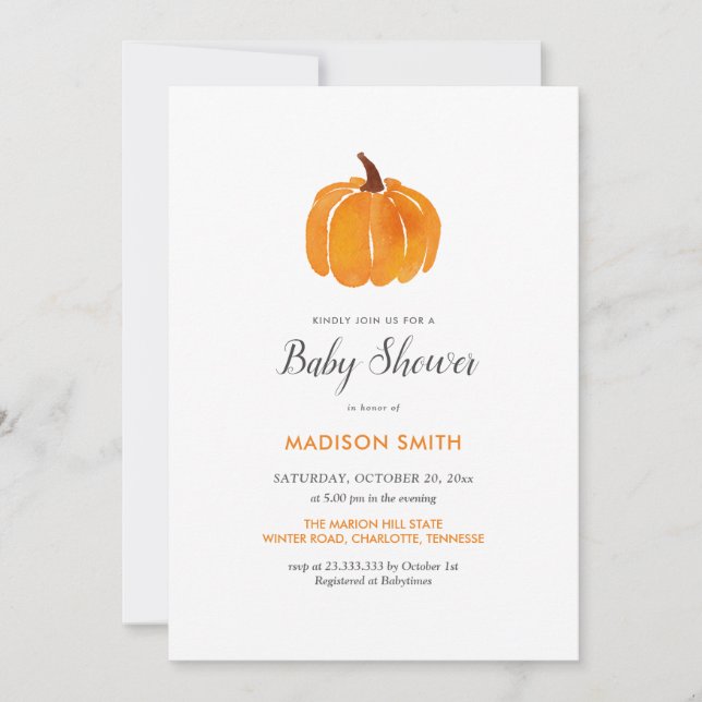Invitation Aquarelle Orange Citrouille | BABY SHOWER (Devant)