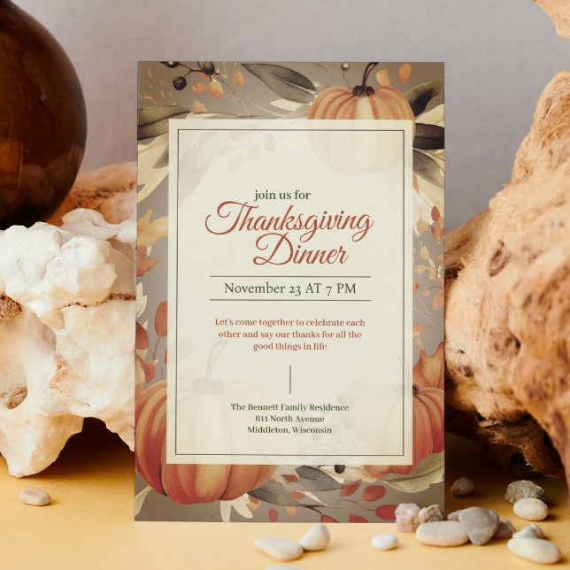 Invitation Aquarelle Orange Citrouille Boho Thanksgiving Dîne (Créateur téléchargé)
