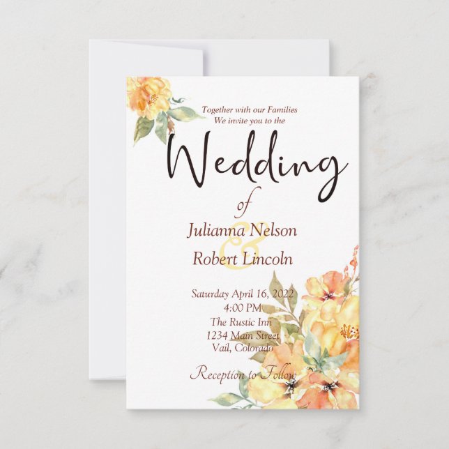 Invitation Aquarelle orange et jaune mariage floral invita (Devant)