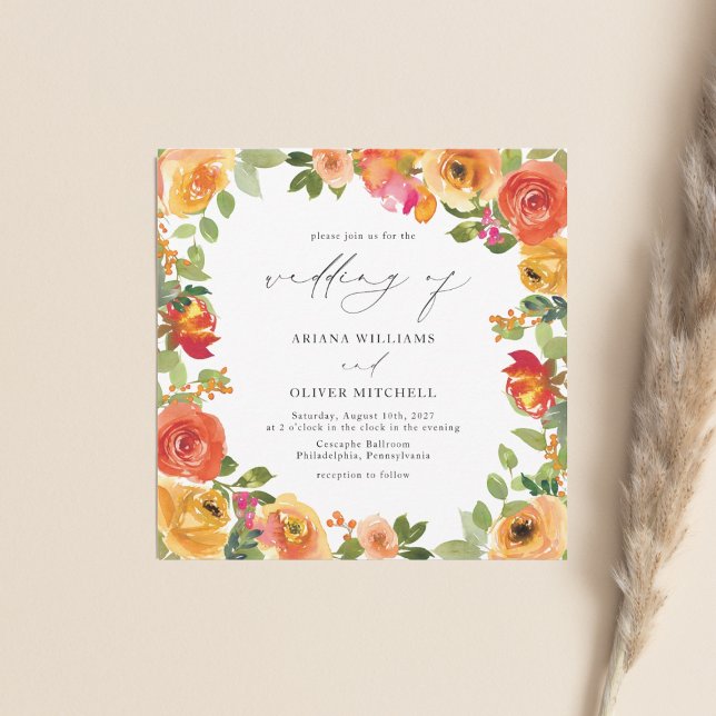Invitation Aquarelle orange et Mariage Floral rouge (Créateur téléchargé)