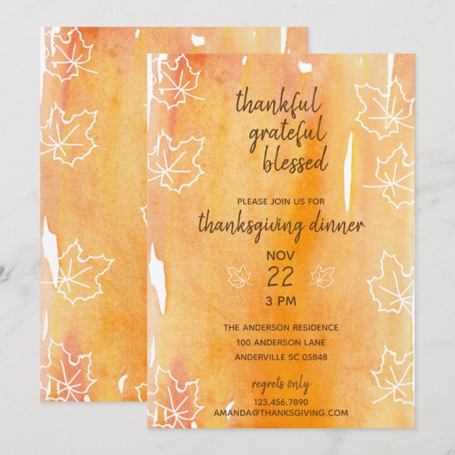 Invitation Aquarelle orange Feuille d'érable Thankgiving Dine (Devant / Derrière)