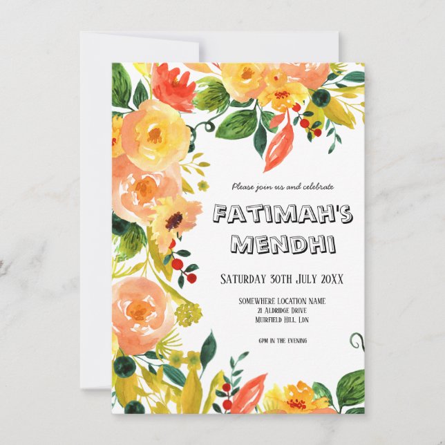 Invitation Aquarelle Orange Floral Russe Boho Mariage (Devant)