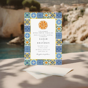 Invitation Aquarelle Orange Méditerranée Bleu Mariage