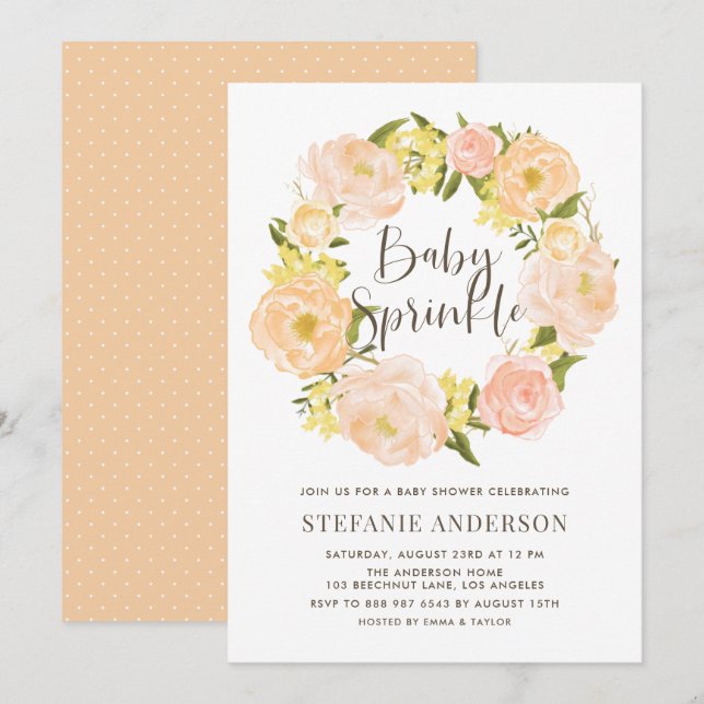 Invitation Aquarelle Orange Peony Wreath Baby Sprinkel (Devant / Derrière)