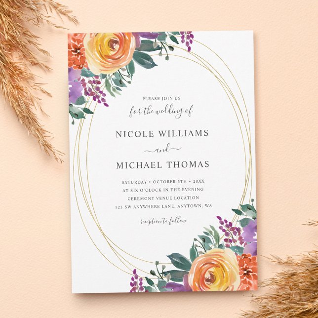 Invitation Aquarelle orange violet Mariage floral (Créateur téléchargé)