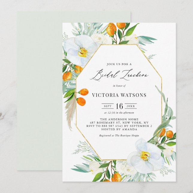 Invitation Aquarelle Orchidées & Kumquats Gold Bridal Luncheo (Devant / Derrière)