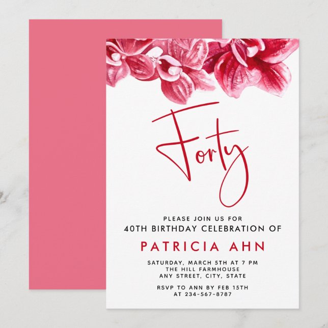 Invitation Aquarelle Orchidées rose pâle 40e anniversaire (Devant / Derrière)