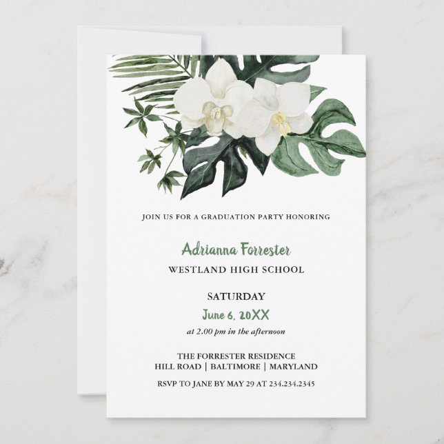Invitation Aquarelle Orchidées Tropical Monstera Graduation (Devant)
