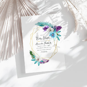 Invitation Aquarelle Orchidées tropicales Baby shower géométr