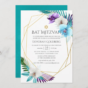 Invitation Aquarelle Orchidées tropicales Bat mitzvah géométr