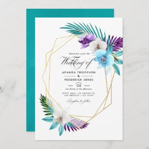 Invitation Aquarelle Orchidées tropicales Mariage géométrique