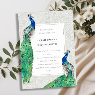 Invitation Aquarelle Ornée Classique Peacock Couples Douche